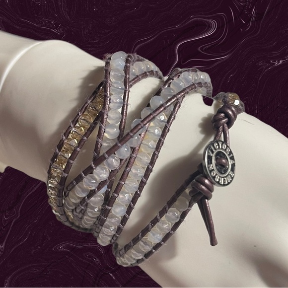 VICTORIA Emerson Brown and Milky Crystals On Leather Wrap Bracelet - Picture 5 of 7